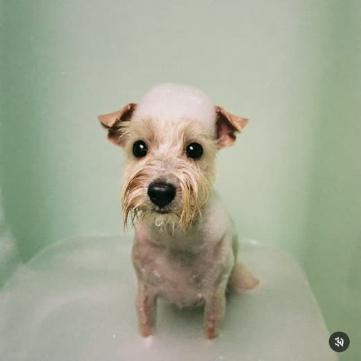A small dog being shampooed in a grooming bath